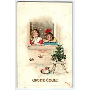 Christmas Postcard Frances Brundage Children At Window X-mas Tree Gabriel 217